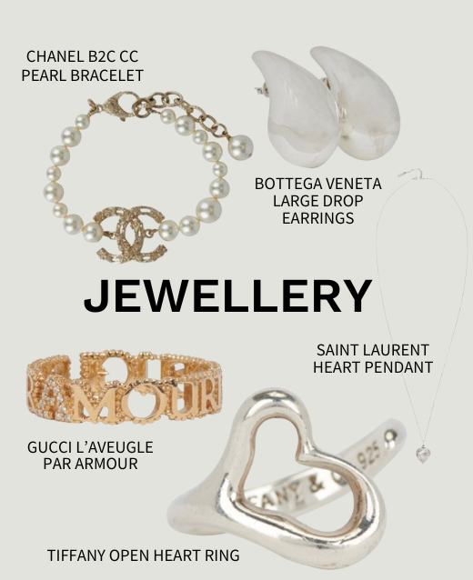 Collage of an assortment of preloved luxury jewellery on green background. Jewellery consists of: Chanel B2C CC Pearl Bracelet, Bottega Veneta Large Drop Earrings, Saint Laurent Heart Pendant, Gucci L’Aveugle Par Armour and Tiffany Open Heart Ring.