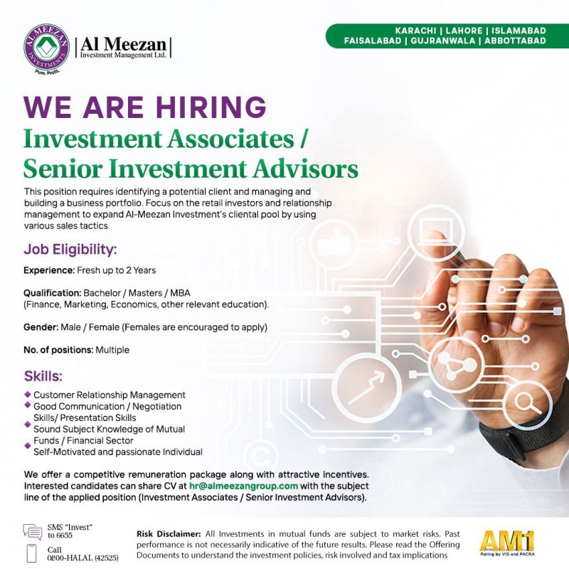 Al Meezan Investments Jobs For Investment Associates /Senior Investment Advisors