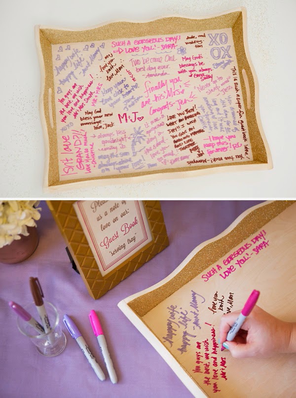 http://somethingturquoise.com/2014/01/10/diy-wedding-guest-book-serving-tray/