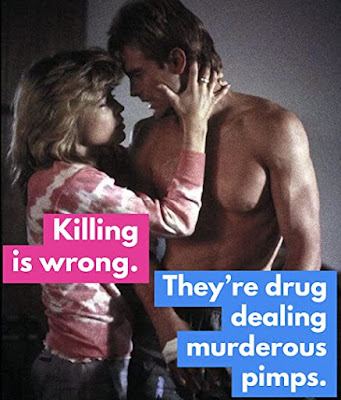 Michael Biehn and Linda Hamilton with the captions Killing is Wrong in pink and They're drug dealing murderous pimps in blue