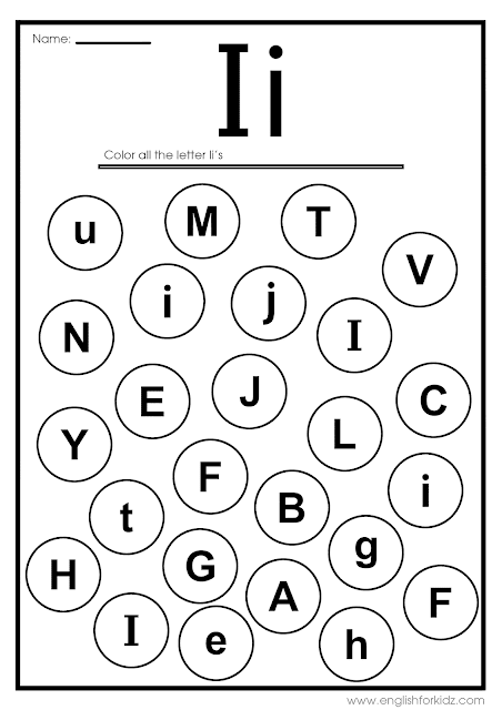 Find letter i worksheet -- printable ESL materials to teach English alphabet