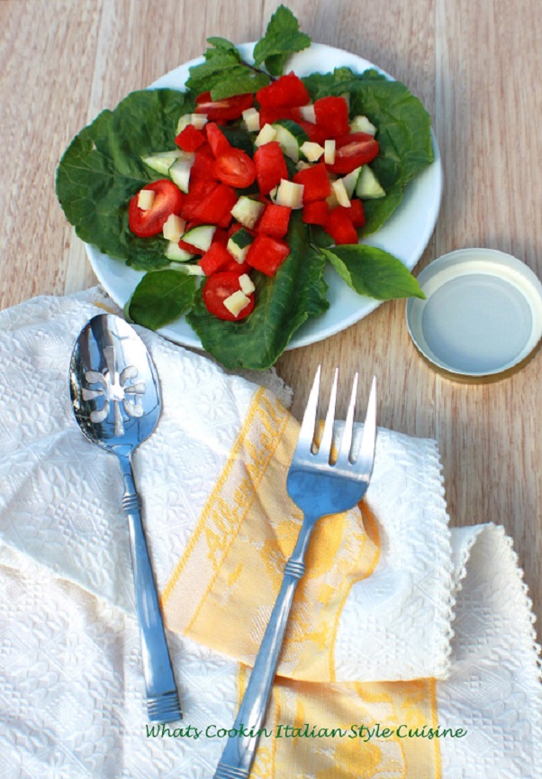 a plate of romaine topped with watermelon and basil salad dressing