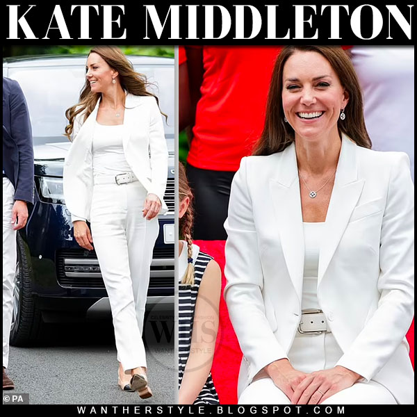 Kate Middleton in white blazer and white tailored trousers