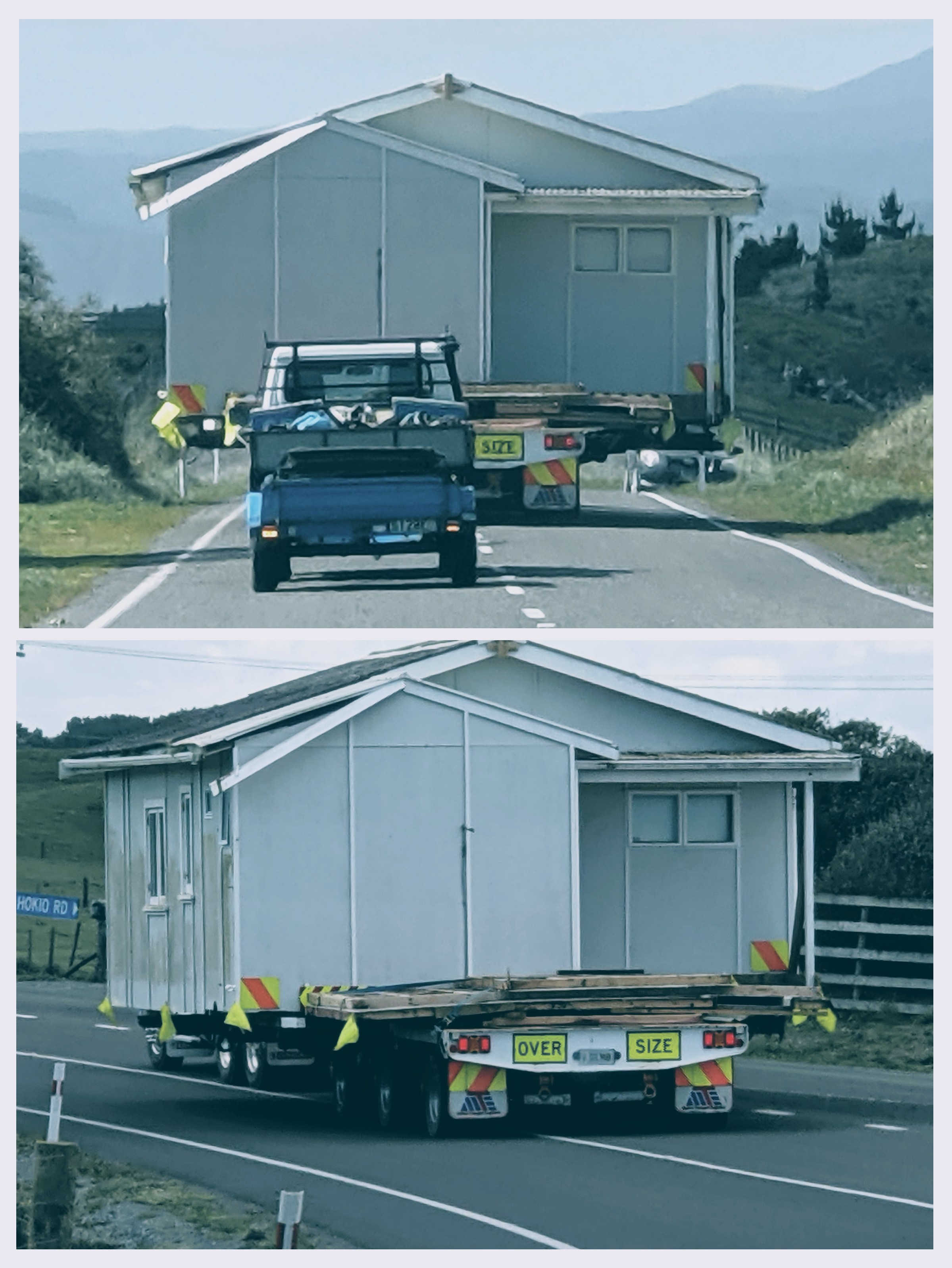 Collage of two photos both showing, from behind, a house on the back of a truck whilst it is driving down an NZ road