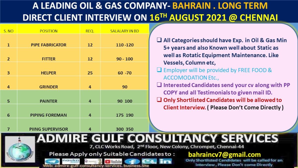 Long term project for Bahrain oil and gas free food and accommodation 