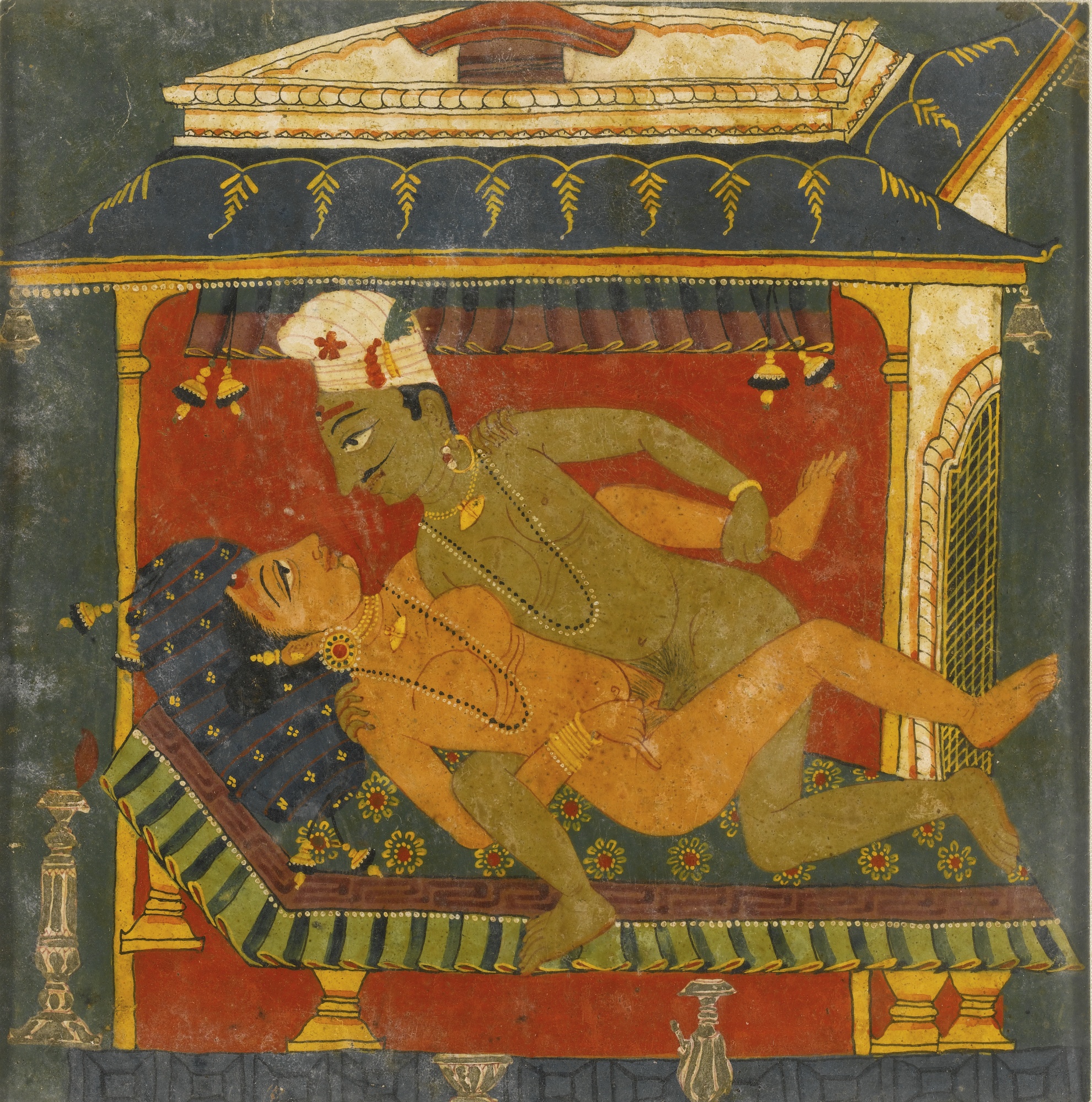 Lovers Engaged in Lovemaking on a Bed - Miniature Painting, Nepal, Bhaktapur, circa 1675