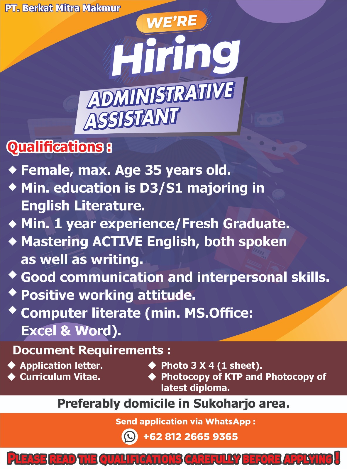 Loker Bulan Mei 2024 di PT Berkat Mitra Makmur Sukoharjo