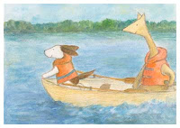 Postcard illustration of Hulmu Hukka and Haukku Spaniel in boat trip on the lake.