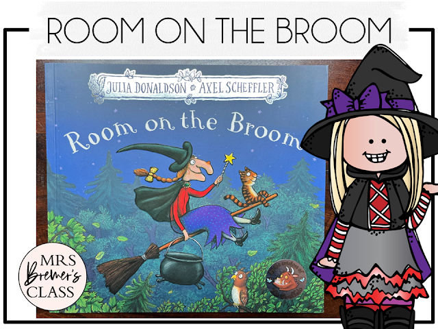 Room on the Broom book activities unit with read aloud companion printables, reading comprehension worksheets, literacy lesson ideas, and a craft for K-2