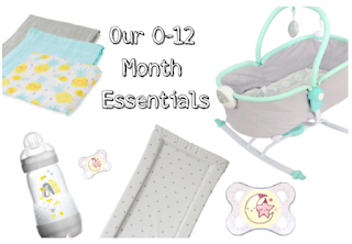 Clickable link to the blog post Most Used 0-12 Months featuring images of MAM bottles, muslin cloths, MAM dummies/pacifiers, baby rocker chair.