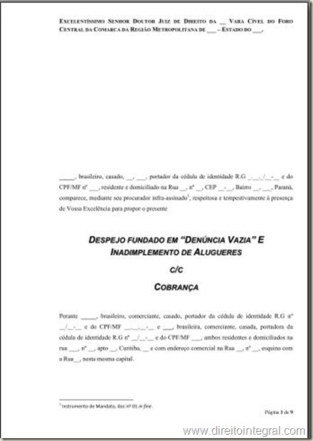 Modelo de Ação de Despejo. Denúncia Vazia e Falta de 