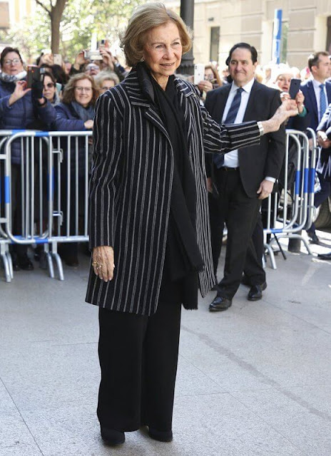 Queen Sofia wore a stripe wool coat at the Basilica of Jesus of Medinaceli in Madrid for the traditional thanksgiving