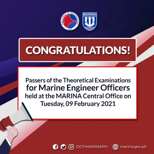 passers of the Theoretical Examinations for Marine Engineer Officers conducted at the MARINA