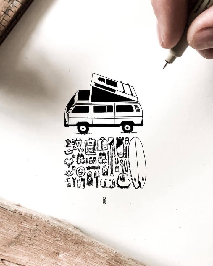 07-Unpacking-camping-gear-Ink-Drawings-Ollie-Smither-www-designstack-co