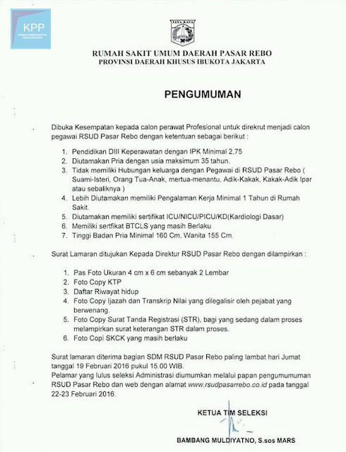 Lowongan RS Pasar Rebo DKI Jakarta sd 19 Februari 2016