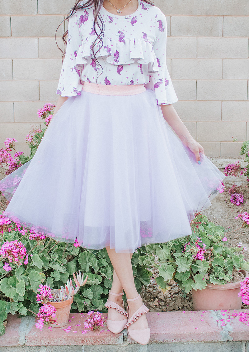 unicorn print ruffle blouse with lavender tulle skirt outfit