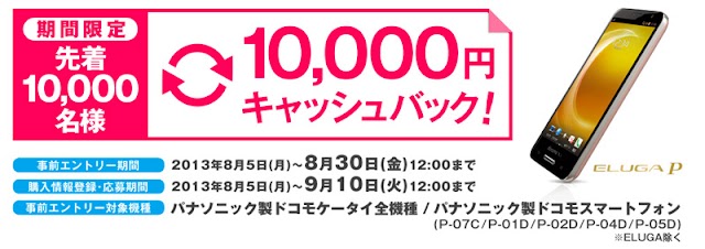 パナソニック、ELUGA P（P-03E）の1万円キャッシュバック・キャンペーンを実施中