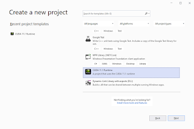 Visual Studio Create a new project with CUDA 11.1 Runtime template screenshot