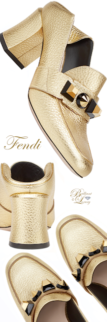 ♦Fendi gold studded block heel loafers #fendi #shoes #gold #brilliantluxury