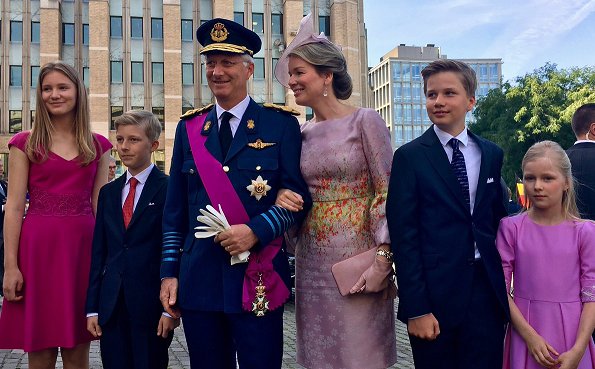 King Philippe, Queen Mathilde, Crown Princess Elisabeth,  Princess Eleonore, Prince Gabriel and Prince Emmanuel at Belgian National Day. Natan Dress, Valentino