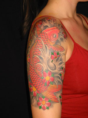 Japanese Red Koi Fish Tattoo on Girls Upper Arm