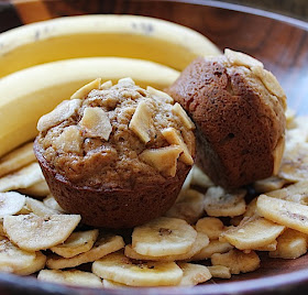 Food Lust People Love: These lovely banana honey bran muffins, made with mashed bananas and sweetened banana chips, are further sweetened with honey and dark brown sugar.