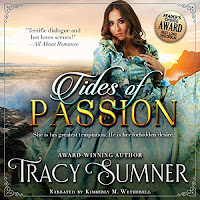 Tides of Passion audiobook cover. A Pretty girl in a blue dress on rocks by the sea.