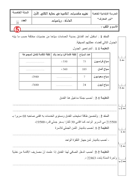 السنة الخامسة 5 : امتحان الرياضيات الثلاثي الاول نموذج عدد 1