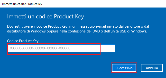 Immetti un codice Product Key