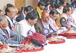 Outgoing Asam Sahitya Sabha president Rong Bong Terang sharing the dais with other literary persons at the Sabha’s 72nd session at Biswaratna Dr Bhupen Hazarika Samannay Kshetra, Barpeta Road