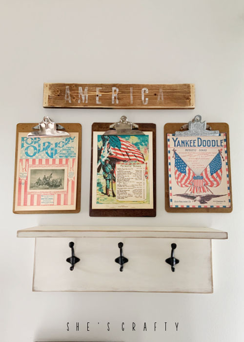 Patriotic printables displayed on clipboards.