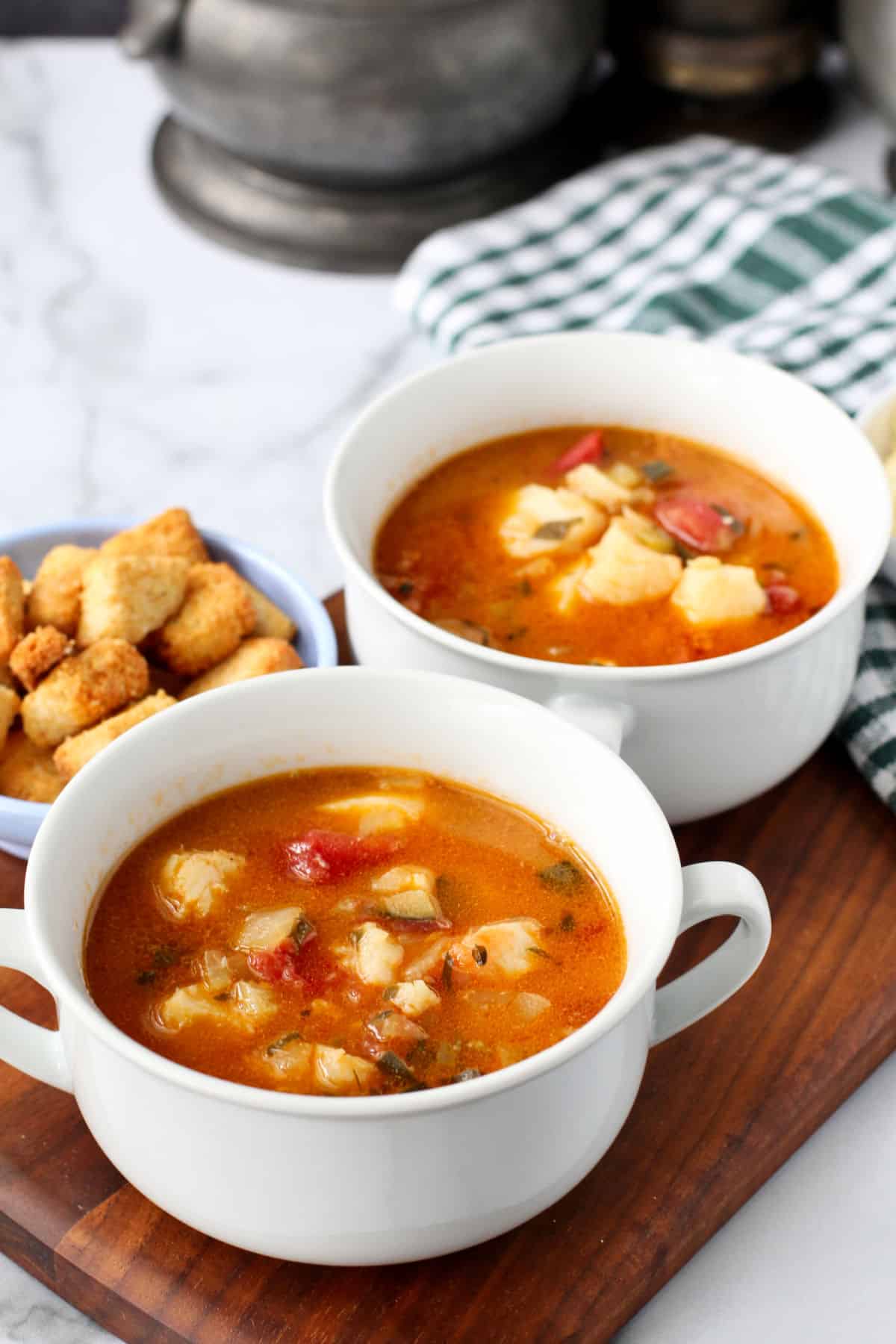 Irish Cod Soup with a bowl of croutons