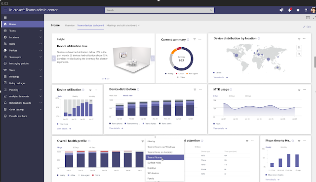 Screenshot of the Microsoft Teams admin center dashboard. The main navigation on the left lists options like Home, Teams, Locations, Users, Devices, Teams apps, Messaging policies, Voice, Meetings, Policy packages, Planning, Analytics & reports, Notifications & alerts, Other settings, and Provide feedback. The main dashboard showcases various panels:  Insight: A card highlighting 'Device utilization low' with a message saying '16 devices had utilization below 10% in the past month. 25 devices had utilization above 75%. Consider re-distributing the inventory for a better experience.' An accompanying image shows a conference room with a table, chairs, and devices. Current summary: A pie chart labeled 'Devices 623' shows segments colored for Healthy, Critical, Non-urgent, and Offline devices. Device distribution by location: A world map with blue dots indicating locations of devices. An option to 'View details' is also present. Device utilization: Bar graphs representing device usage on a Daily, Weekly, and Monthly basis. The bars differentiate between types of devices: Teams phones, Teams meetings, Teams displays, and Teams panels. Overall health profile: Stacked bar graphs for 7 Days, 30 Days, and 60 Days showing the health statuses: Healthy, Offline, Non-urgent, and Critical. MTR usage: A line graph depicting MTR usage over a span of 7 days, 30 days, and 60 days. Devices needing attention: A filterable list with options such as Teams Rooms on Windows, Teams Rooms on Android, Teams Phones, Surface Hubs, Displays, SIP devices, and Panels. Mean time to Health: Bar graphs showing the mean time in health on a Weekly and Monthly basis. The top right of the dashboard has various icons for notifications, settings, and user profile, and a search bar is present at the top center.