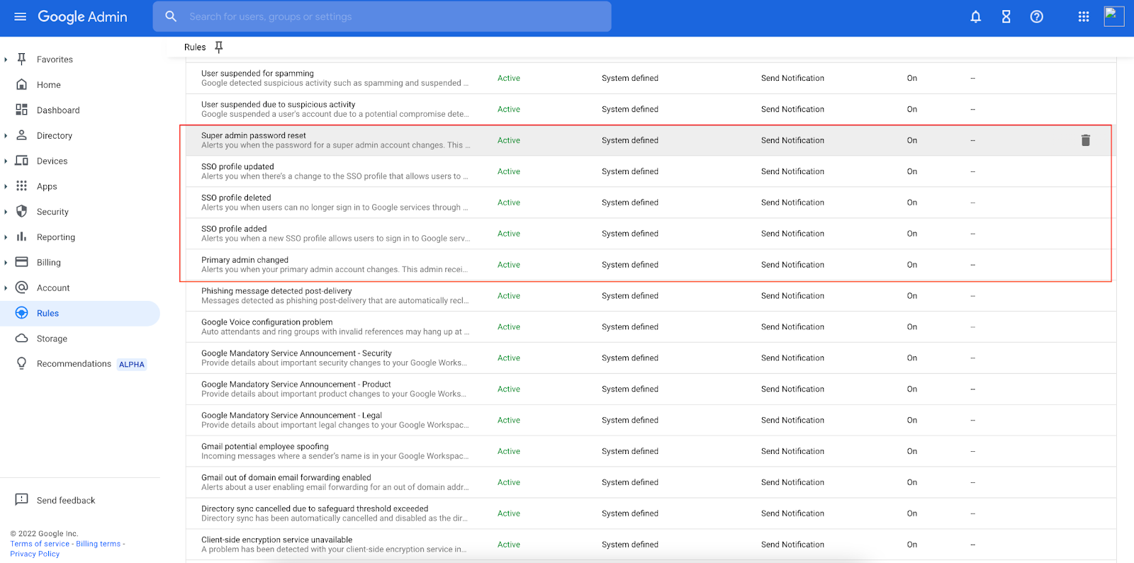 Nouvelles alertes de sécurité pour les modifications très sensibles apportées aux configurations de Google Workspace