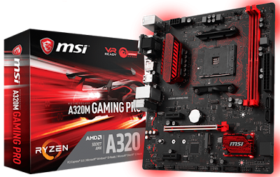 Spesifikasi MSI A320M GAMING PRO   CPU  • Supports AMD® RYZEN series processors and 7th Gen A-series/ Athlon™ processors for Socket AM4 * This function will be supported depend on the CPU.    Chipset  • AMD®A320 Chipset      Main Memory  • 2 x DDR4 memory slots, support up to 32GB - Supports DDR4 1866/2133/2400/2667 MHz* • Dual channel memory architecture • Supports non-ECC UDIMM memory • Supports ECC UDIMM memory (non-ECC mode) * 7th Gen A-series/ Athlon ™ processors support up to DDR 2400 MHz only. Please refer www.msi.com for more information on compatible memory.      Slots  • 1 x PCIe 3.0 x16 slots - RYZEN series processors support x16 mode - 7th Gen A-series/ Athlon™ processors support x8 mode • 2 x PCIe 2.0 x1 slots       Onboard Graphics  • 1 x VGA port, supports a maximum resolution of 2048x1280@60Hz, 1920x1200@60Hz* • 1 x DVI-D port, supports a maximum resolution of 1920x1200@60Hz* • 1 x HDMI™ port, supports a maximum resolution of 4096x2160@24Hz* * Only support when using a 7th Gen A-series/ Athlon™ processor. * Maximum shared memory of 2048 MB   Storage  • AMD®A320 Chipset • 4 x SATA 6Gb/s ports - Supports RAID 0, RAID1 and RAID 10 • 1 x M.2 slots (Key M)