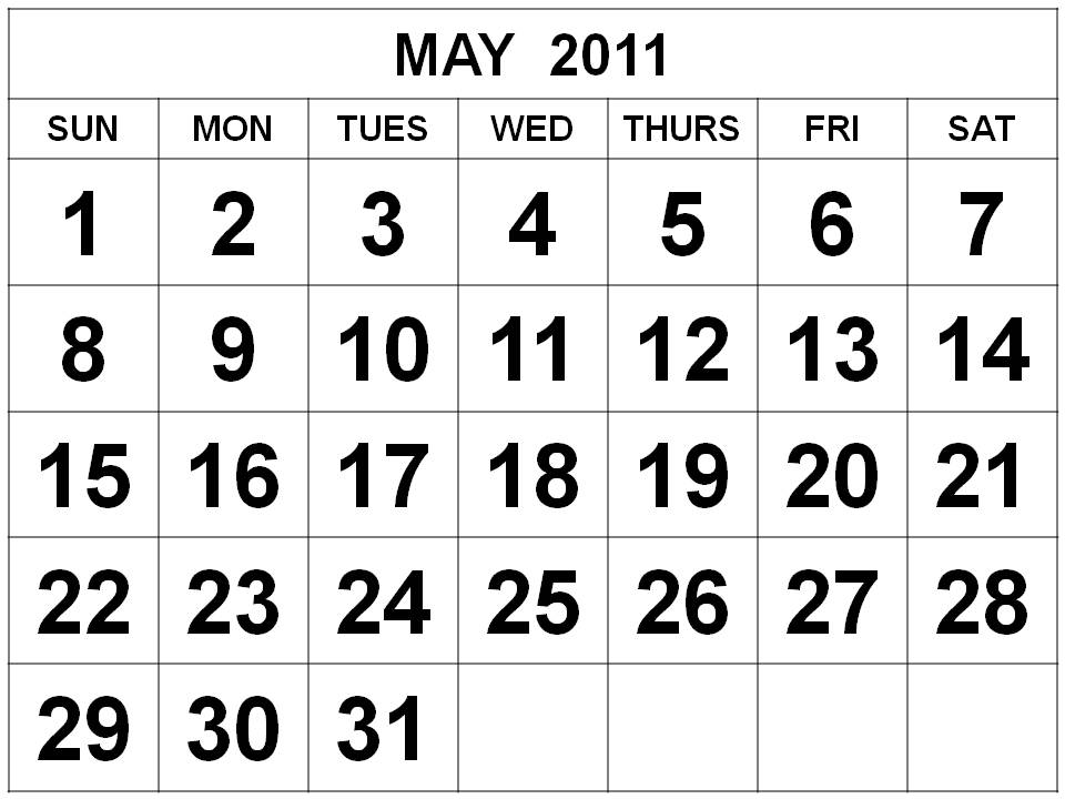Free Printable May 2011 Calendar with big fonts
