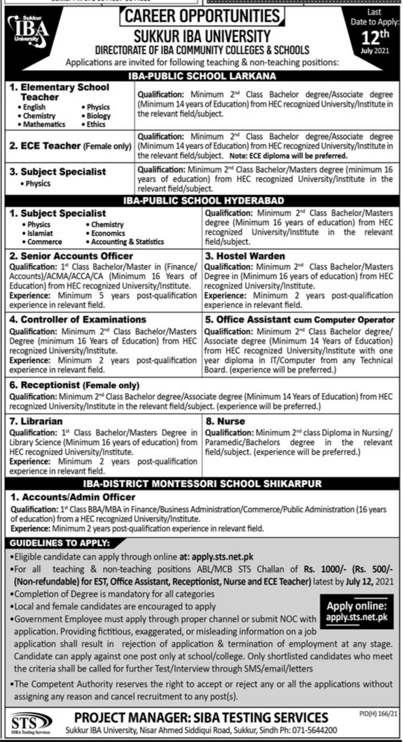 Directorate Of IBA Community Colleges & Schools Sukkur IBA University Jobs 2021