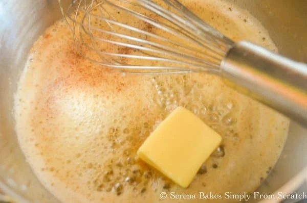 Brown Butter in a saucepan with cold butter for Chocolate Chip Pie recipe from Serena Bakes Simply from Scratch.
