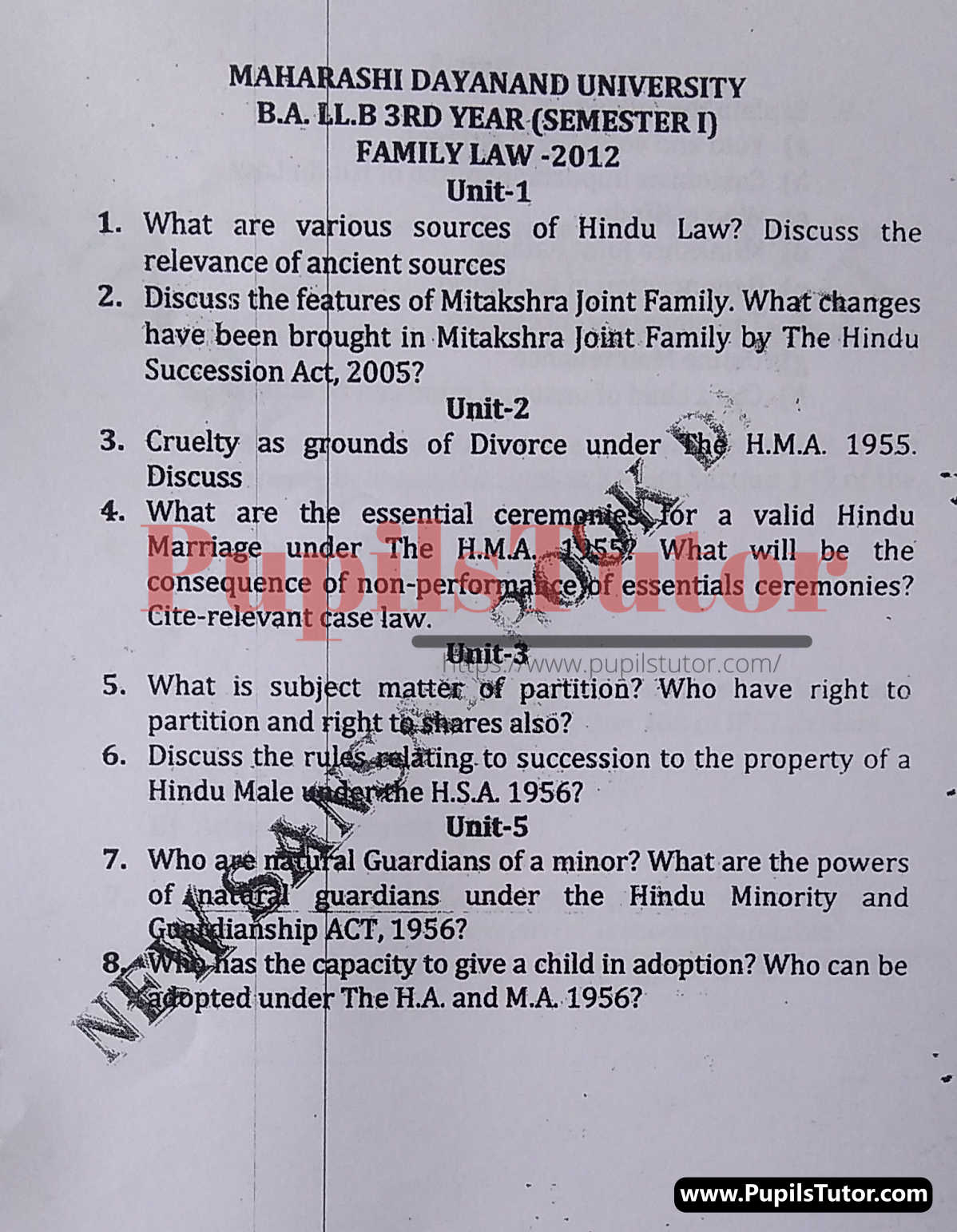 MDU (Maharshi Dayanand University, Rohtak Haryana) LLB Regular Exam (Hons.) First Semester Previous Year Family Law Question Paper For 2012 Exam (Question Paper Page 1) - pupilstutor.com