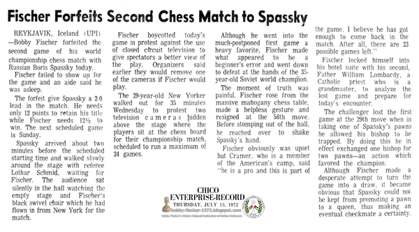 Fischer Forfeits Second Chess Match to Spassky