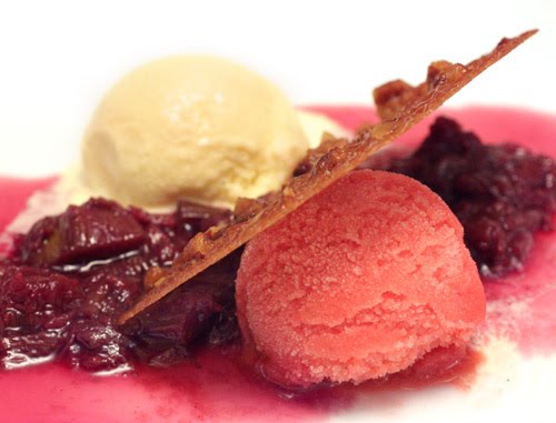 Strawberry-Rhubard Sorbet and Vanilla Ice Cream with Rhubarb-Red Wine 