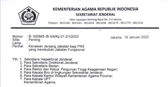 Surat Edaran Kenaikan Jenjang Jabatan bagi PNS yang menduduki Jabatan Fungsional - Intel Madrasah