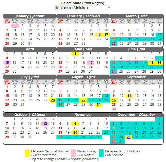 CUTI UMUM NEGERI MELAKA 2018