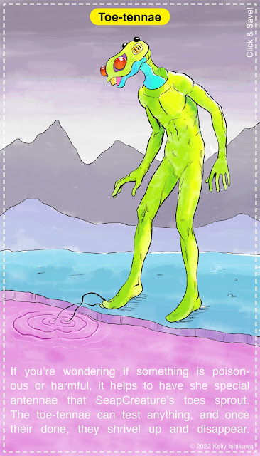 A green amphibious man with a snake-like head tests purplish waters with long black antennae extending from his toes.