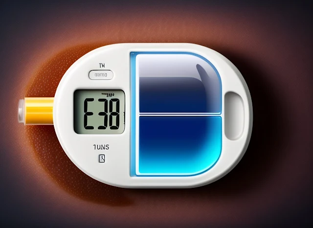 Picture of a glucose meter measuring blood sugar levels with the title