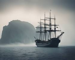 A mysterious island in the Atlantic Ocean, surrounded by fog and the silhouette of a ship.