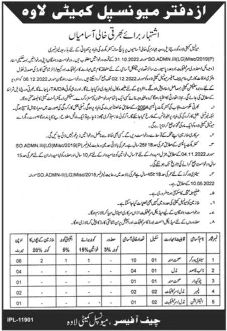 Latest Labor jobs and others Government jobs in Municipal Committee closing date is around December 2, 2022, see exact from ad. Read complete ad online to know how to apply on latest Municipal Committee job opportunities.