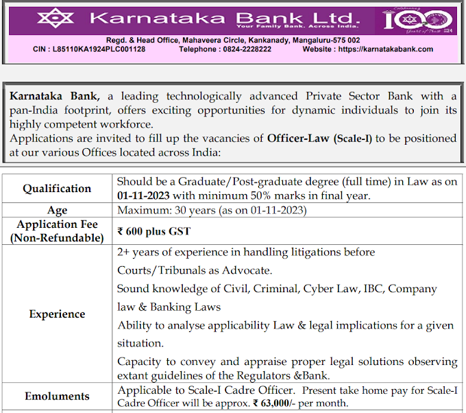 Post of Officer-Law (Scale-I) in Karnataka Bank