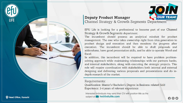 EFU Life Assurance Company Ltd Latest Jobs in Karachi Deputy Product Manager 2024