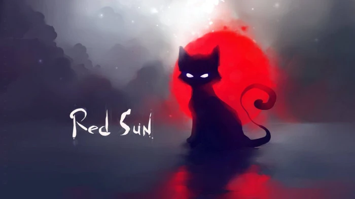 تنزيل خلفيات القط الفن القطة السوداء والشمس الحمراء